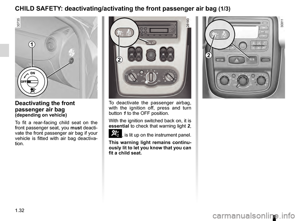 DACIA DUSTER 2012 1.G Owners Manual air bagdeactivating the front passenger air bags ........ (current page)
front passenger air bag deactivation ..................... (current page)
1.32
ENG_UD24342_3
Sécurité enfants : désactivat DACIA DUSTER 2012 1.G Owners Manual air bagdeactivating the front passenger air bags ........ (current page)
front passenger air bag deactivation ..................... (current page)
1.32
ENG_UD24342_3
Sécurité enfants : désactivat