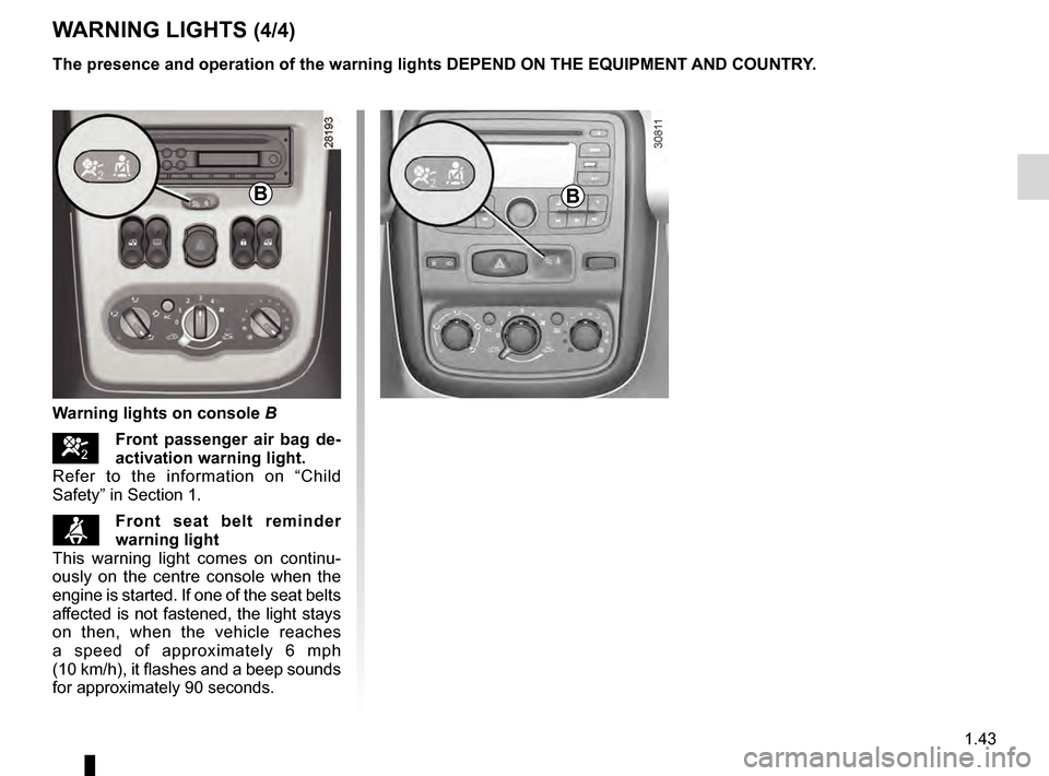 DACIA DUSTER 2012 1.G User Guide JauneNoirNoir texte
1.43
ENG_UD24501_4
Témoins lumineux (H79 - Dacia)
ENG_NU_898-5_H79_Dacia_1
WARNING LIGHTS (4/4)
The presence and operation of the warning lights DEPEND ON THE EQUIPMENT\
AND COUN DACIA DUSTER 2012 1.G User Guide JauneNoirNoir texte
1.43
ENG_UD24501_4
Témoins lumineux (H79 - Dacia)
ENG_NU_898-5_H79_Dacia_1
WARNING LIGHTS (4/4)
The presence and operation of the warning lights DEPEND ON THE EQUIPMENT\
AND COUN