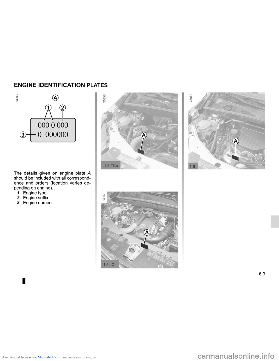 DACIA LODGY 2012 1.G Owners Manual Downloaded from www.Manualslib.com manuals search engine vehicle identification plates .................................... (current page)
6.3
ENG_UD26639_2
Plaque d\’identification moteur (X92 - Re