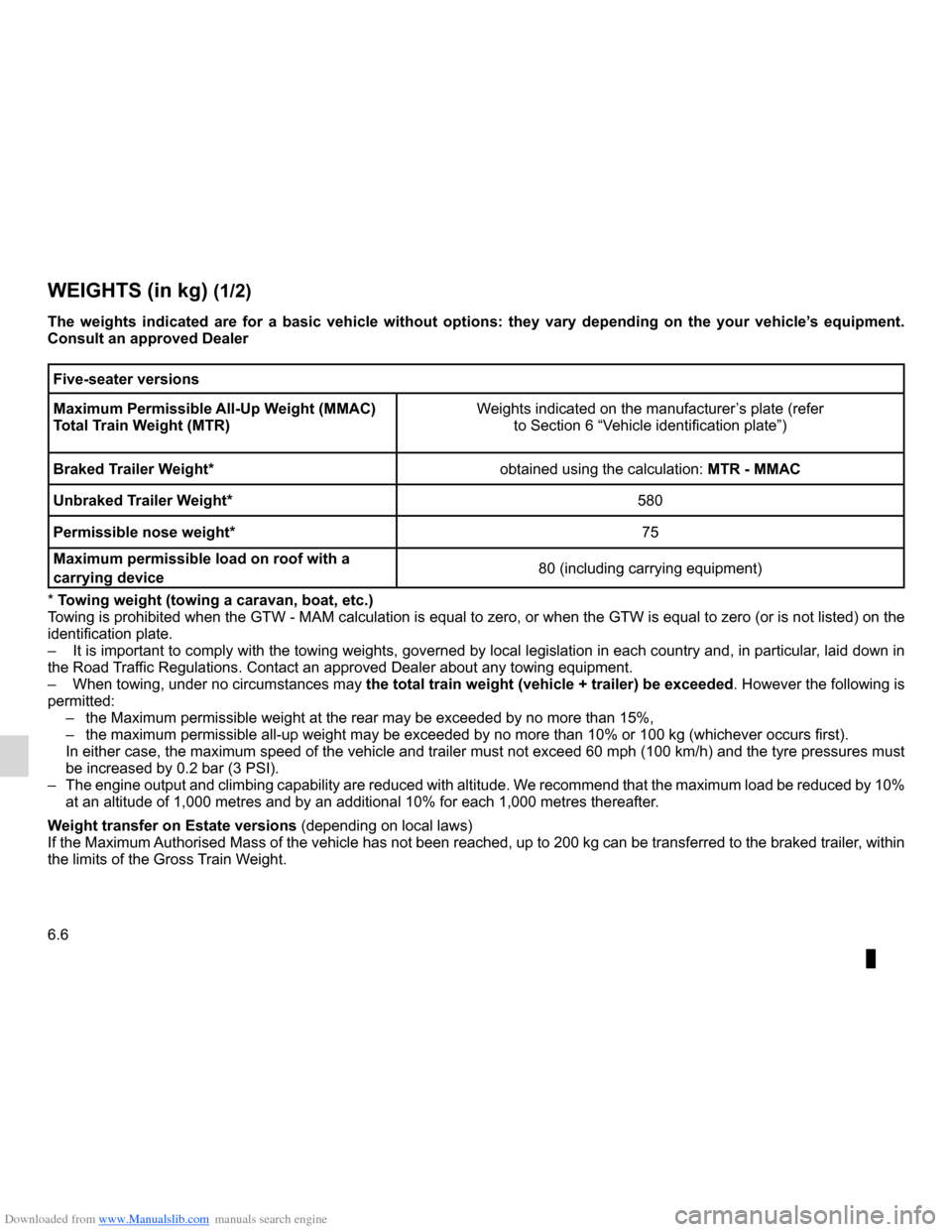 DACIA LODGY 2012 1.G Owners Manual Downloaded from www.Manualslib.com manuals search engine weights ................................................. (up to the end of the DU)
towing  ...................................................