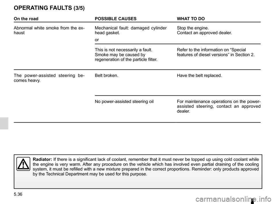 DACIA SANDERO 2012 1.G Owners Manual 5.36
ENG_UD19739_7
Anomalies de fonctionnement (B90 - U90 - L90 Ph2 - F90 Ph2 - R90 Ph2 - \
Dacia)
ENG_NU_817-9_B90_Dacia_5
Jaune NoirNoir texte
OPERATING FAULTS (3/5)
On the road POSSIBLE CAUSES WHAT