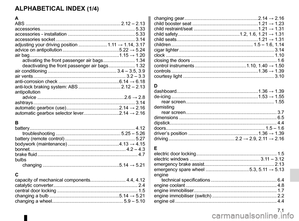 DACIA SANDERO 2012 1.G Owners Manual 7.1
FRA_UD25177_11
Index (B90 - Dacia)
ENG_NU_817-9_B90_Dacia_7
AlphAbeticAl index (1/4)
A
ABS  ........................................................................\
 2.12 – 2.13
accessories....