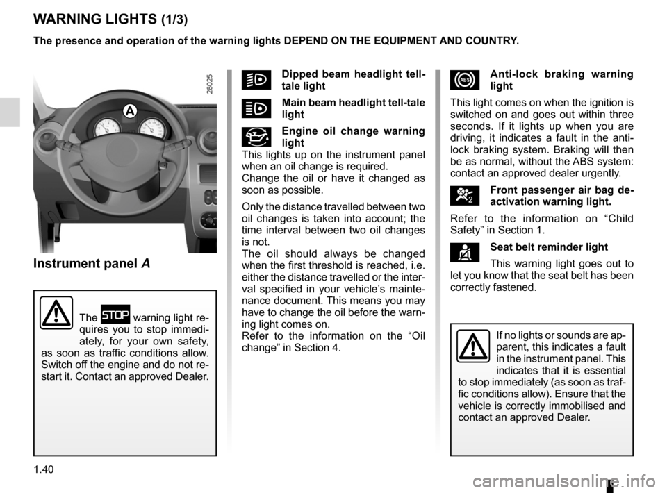 DACIA SANDERO 2012 1.G Owners Manual control instruments ............................... (up to the end of the DU)
instrument panel  ................................... (up to the end of the DU)
warning lights ...........................