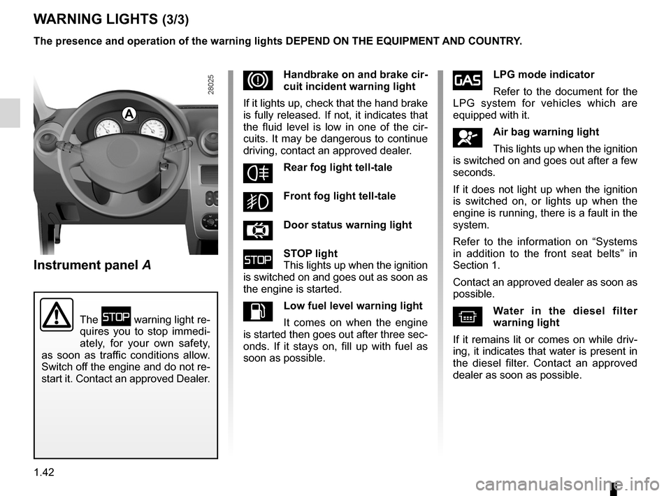 DACIA SANDERO 2012 1.G User Guide rear screendemisting  ......................................................... (current page)
1.42
ENG_UD19003_9
Tableau de bord : témoins lumineux (B90 - L90 Ph2 - F90 Ph2 - R90 Ph2\
 - Dacia)
ENG_