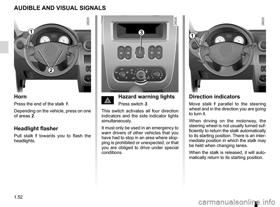 DACIA SANDERO 2012 1.G Owners Manual headlight flashers ................................. (up to the end of the DU)
horn  ...................................................... (up to the end of the DU)
indicators  ......................