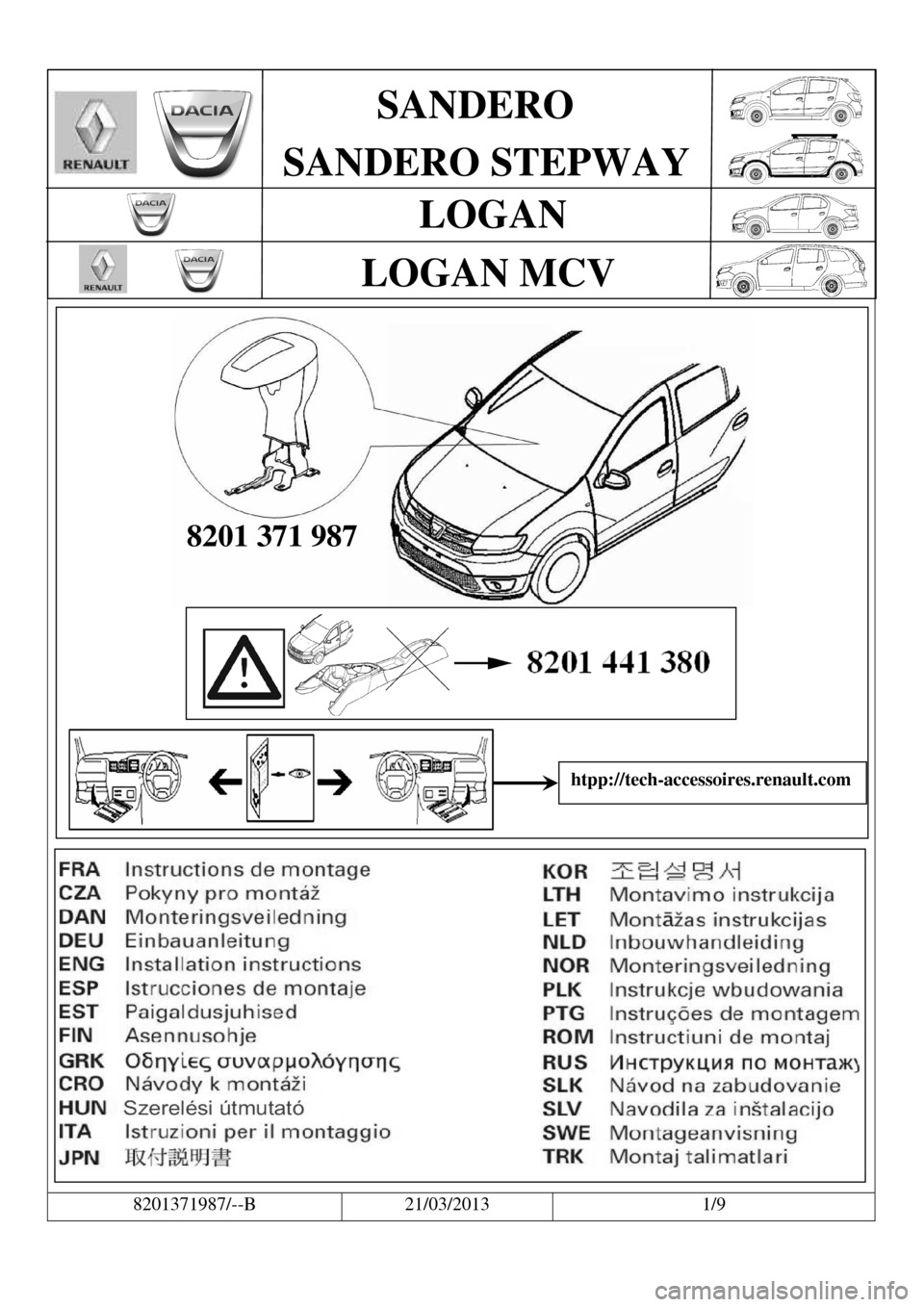 DACIA LOGAN MCV 2013 2.G Fitting Instructions Centre Armrest   
                                                                                                                                                                        
          
                 