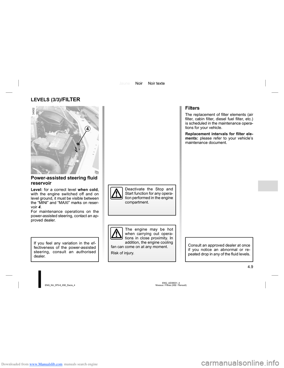 DACIA LODGY 2013 1.G Owners Manual Downloaded from www.Manualslib.com manuals search engine JauneNoir Noir texte
4.9
ENG_UD38031_4
Niveaux / Filtres (X92 - Renault) ENG_NU_975-8_X92_Dacia_4
LEVELS (3/3)/FILTER
Power-assisted steering f DACIA LODGY 2013 1.G Owners Manual Downloaded from www.Manualslib.com manuals search engine JauneNoir Noir texte
4.9
ENG_UD38031_4
Niveaux / Filtres (X92 - Renault) ENG_NU_975-8_X92_Dacia_4
LEVELS (3/3)/FILTER
Power-assisted steering f