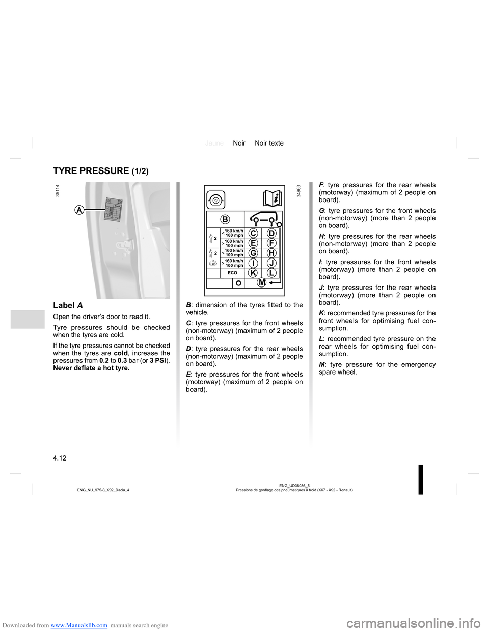 DACIA LODGY 2013 1.G Service Manual Downloaded from www.Manualslib.com manuals search engine JauneNoir Noir texte
4.12
ENG_UD38036_5
Pressions de gonflage des pneumatiques à froid (X67 - X92 - Renault) ENG_NU_975-8_X92_Dacia_4
TYRE PRE