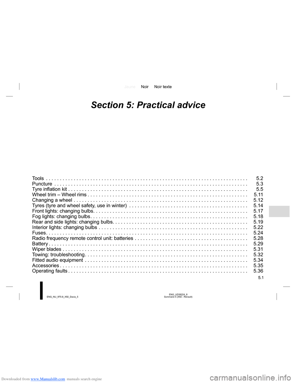 DACIA LODGY 2013 1.G Owners Manual Downloaded from www.Manualslib.com manuals search engine JauneNoir Noir texte
5.1
ENG_UD38224_8
Sommaire 5 (X92 - Renault) ENG_NU_975-8_X92_Dacia_5
Section 5: Practical advice
Tools . . . . . . . . . DACIA LODGY 2013 1.G Owners Manual Downloaded from www.Manualslib.com manuals search engine JauneNoir Noir texte
5.1
ENG_UD38224_8
Sommaire 5 (X92 - Renault) ENG_NU_975-8_X92_Dacia_5
Section 5: Practical advice
Tools . . . . . . . . .