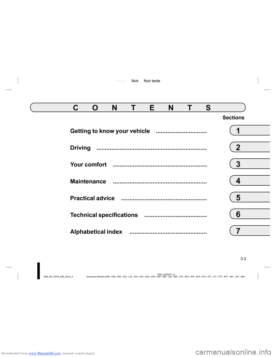 DACIA LODGY 2013 1.G Owners Manual Downloaded from www.Manualslib.com manuals search engine JauneNoir Noir texte
0.3
ENG_UD35471_8
Sommaire Général (X06 - C06 - S06 - X35 - L35 - X44 - C44 - G44 - X45 - H45 - X65 - L65 - S65 - X73 - 