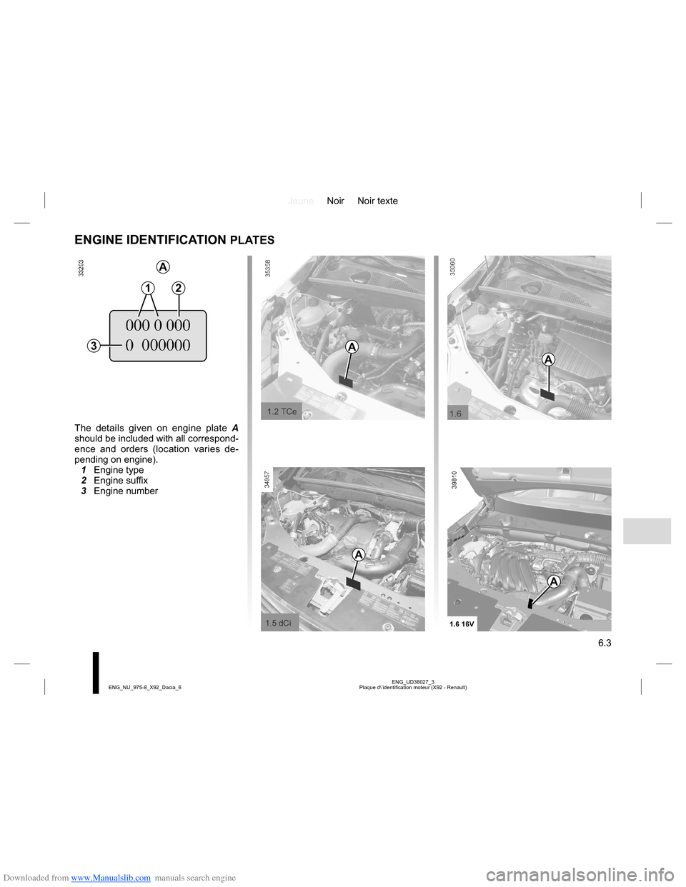 DACIA LODGY 2013 1.G Owners Manual Downloaded from www.Manualslib.com manuals search engine JauneNoir Noir texte
6.3
ENG_UD38027_3
Plaque d\’identification moteur (X92 - Renault) ENG_NU_975-8_X92_Dacia_6
ENGINE IDENTIFICATION PLATES
DACIA LODGY 2013 1.G Owners Manual Downloaded from www.Manualslib.com manuals search engine JauneNoir Noir texte
6.3
ENG_UD38027_3
Plaque d\’identification moteur (X92 - Renault) ENG_NU_975-8_X92_Dacia_6
ENGINE IDENTIFICATION PLATES