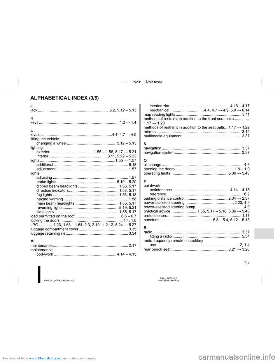 DACIA LODGY 2013 1.G Owners Manual Downloaded from www.Manualslib.com manuals search engine JauneNoir Noir texte
7.3
FRA_UD38226_8
Index (X92 - Renault) ENG_NU_975-8_X92_Dacia_7
ALPHABETICAL INDEX (3/5)
J
jack ......................... DACIA LODGY 2013 1.G Owners Manual Downloaded from www.Manualslib.com manuals search engine JauneNoir Noir texte
7.3
FRA_UD38226_8
Index (X92 - Renault) ENG_NU_975-8_X92_Dacia_7
ALPHABETICAL INDEX (3/5)
J
jack .........................