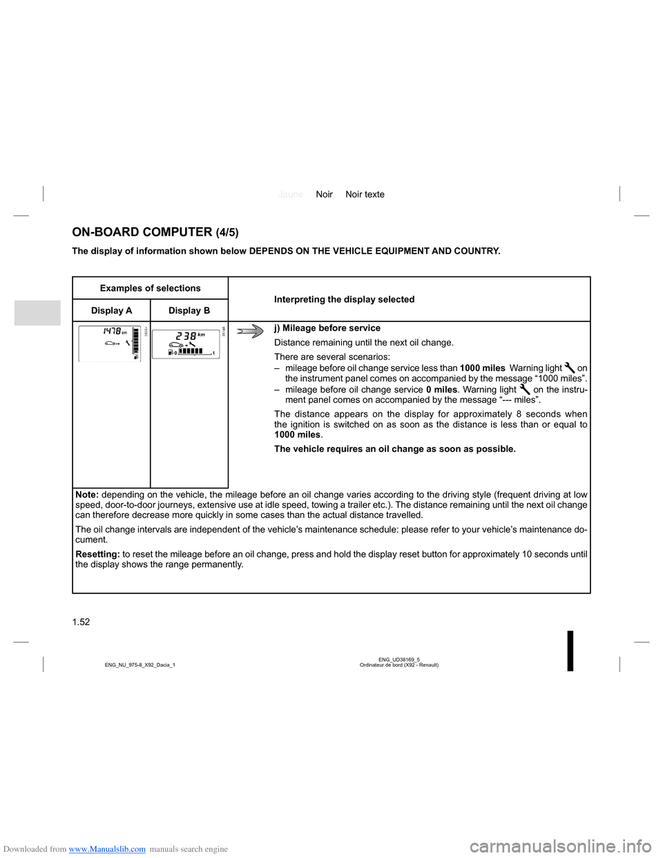 DACIA LODGY 2013 1.G Workshop Manual Downloaded from www.Manualslib.com manuals search engine JauneNoir Noir texte
1.52
ENG_UD38169_5 Ordinateur de bord (X92 - Renault) ENG_NU_975-8_X92_Dacia_1
Examples of selections
Interpreting the d DACIA LODGY 2013 1.G Workshop Manual Downloaded from www.Manualslib.com manuals search engine JauneNoir Noir texte
1.52
ENG_UD38169_5 Ordinateur de bord (X92 - Renault) ENG_NU_975-8_X92_Dacia_1
Examples of selections
Interpreting the d