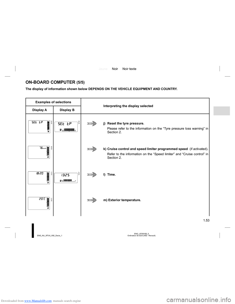 DACIA LODGY 2013 1.G Owners Manual Downloaded from www.Manualslib.com manuals search engine JauneNoir Noir texte 
1.53
ENG_UD38169_5 Ordinateur de bord (X92 - Renault) ENG_NU_975-8_X92_Dacia_1
ON-BOARD COMPUTER (5/5)
The display of inf