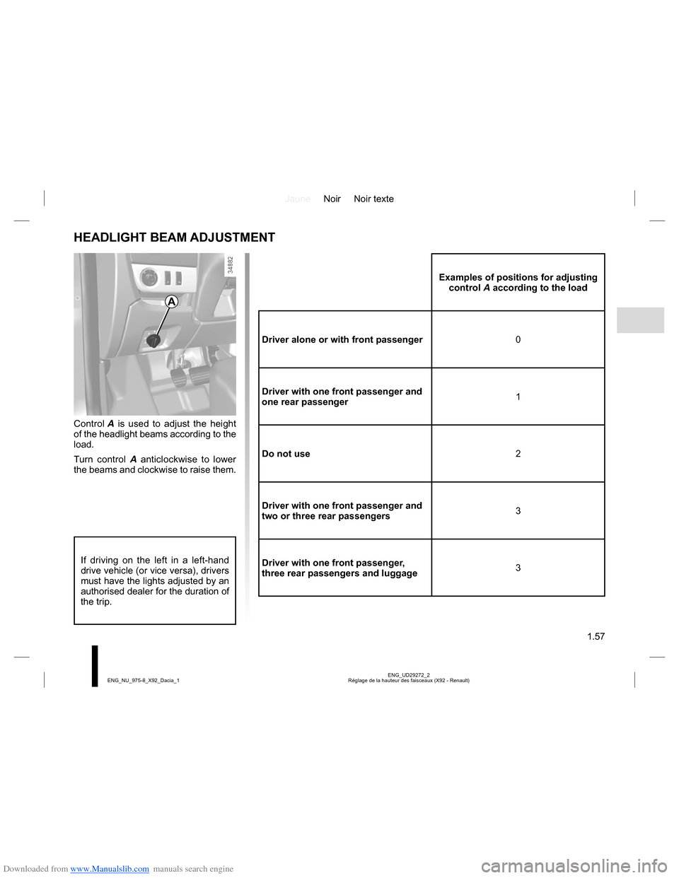 DACIA LODGY 2013 1.G Owners Manual Downloaded from www.Manualslib.com manuals search engine JauneNoir Noir texte
1.57
ENG_UD29272_2
Réglage de la hauteur des faisceaux (X92 - Renault) ENG_NU_975-8_X92_Dacia_1
HEADLIGHT BEAM ADJUSTMENT