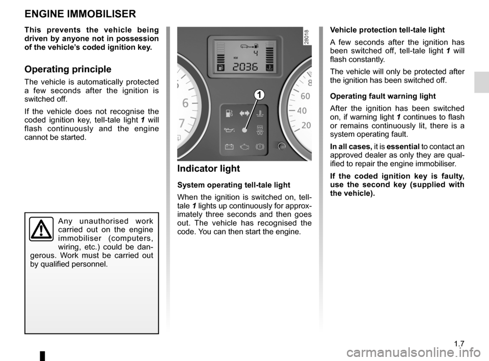 DACIA SANDERO 2013 2.G User Guide
engine immobiliser................................(up to the end of the DU)engine immobiliser................................(up to the end of the DU)
1.7
ENG_UD5545_1Système antidémarrage (B90 - D DACIA SANDERO 2013 2.G User Guide
engine immobiliser................................(up to the end of the DU)engine immobiliser................................(up to the end of the DU)
1.7
ENG_UD5545_1Système antidémarrage (B90 - D