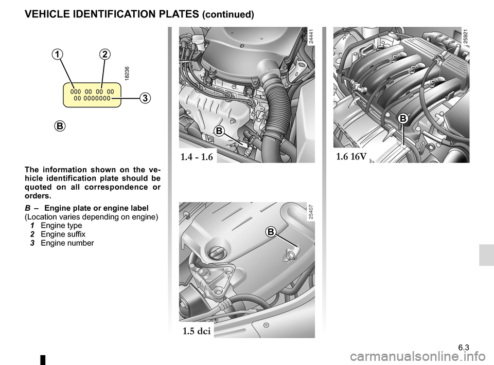 DACIA SANDERO 2013 2.G Owners Manual 
JauneNoirNoir texte

6.3
ENG_UD5618_1Plaques identification (B90 - Dacia)ENG_NU_817-2_NU_Dacia_6

VEHICLE IDENTIFICATION PLATES (continued)
The  information  shown  on  the  ve- hicle  identification