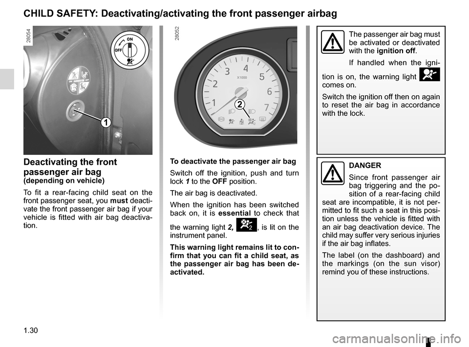 DACIA SANDERO 2013 2.G User Guide 
air bagdeactivating the front passenger air bags ........(current page)front passenger air bag deactivation  .....................(current page)
1.30
ENG_UD6854_1Sécurité enfants : désactivation/a