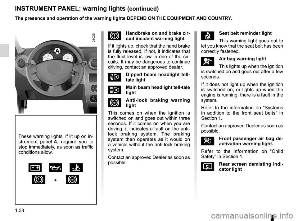 DACIA SANDERO 2013 2.G Service Manual 
rear screendemisting .........................................................(current page)
1.38
ENG_UD5559_1tableau de bord : Témoins lumineux (B90 - Dacia)ENG_NU_817-2_NU_Dacia_1
INSTRUMENT PANEL