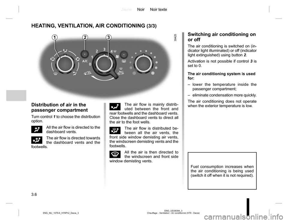 DACIA DUSTER 2016 1.G Owners Manual JauneNoir Noir texte
3.6
ENG_UD38394_3
Chauffage - Ventilation - Air conditionné (H79 - Dacia) ENG_NU_1079-6_H79Ph2_Dacia_3
HEATING, VENTILATION, AIR CONDITIONING (3/3)
2
Distribution of air in the 
