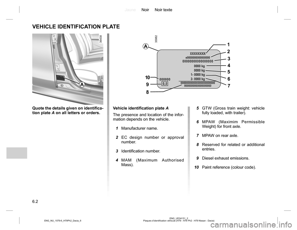 DACIA DUSTER 2016 1.G Owners Manual JauneNoir Noir texte
6.2
ENG_UD34151_2
Plaques d’identification véhicule (H79 - H79 Ph2 - H79 Nissan - Dacia) ENG_NU_1079-6_H79Ph2_Dacia_6
Quote the details given on identifica-
tion plate A on all