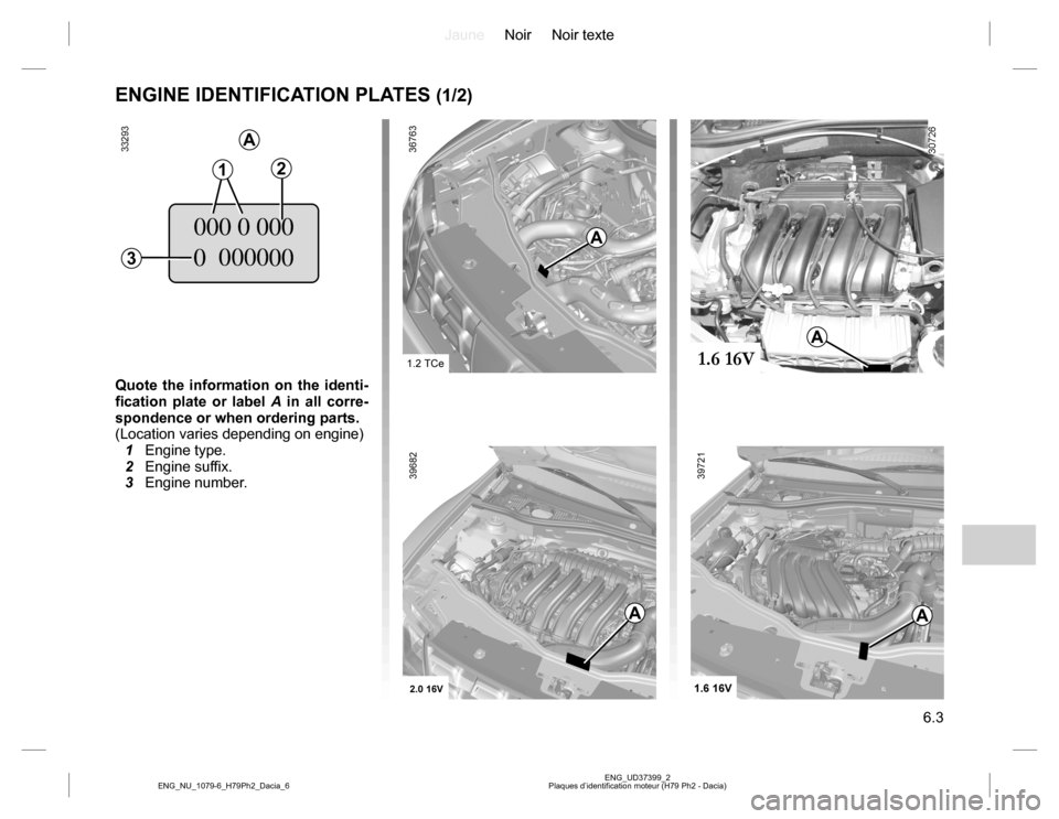 DACIA DUSTER 2016 1.G Manual PDF JauneNoir Noir texte
6.3
ENG_UD37399_2
Plaques d’identification moteur (H79 Ph2 - Dacia) ENG_NU_1079-6_H79Ph2_Dacia_6
ENGINE IDENTIFICATION PLATES (1/2)
Quote the information on the identi-
fication DACIA DUSTER 2016 1.G Manual PDF JauneNoir Noir texte
6.3
ENG_UD37399_2
Plaques d’identification moteur (H79 Ph2 - Dacia) ENG_NU_1079-6_H79Ph2_Dacia_6
ENGINE IDENTIFICATION PLATES (1/2)
Quote the information on the identi-
fication