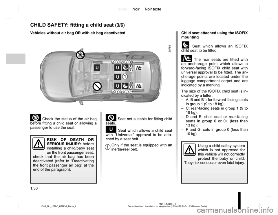 DACIA DUSTER 2016 1.G Owners Manual JauneNoir Noir texte
1.30
ENG_UD34961_5
Sécurité enfants : installation du siège enfant (H79 - H79 Ph2 - H79 Nissan - Dacia) ENG_NU_1079-6_H79Ph2_Dacia_1
CHILD SAFETY: fitting a child seat (3/6)
Us