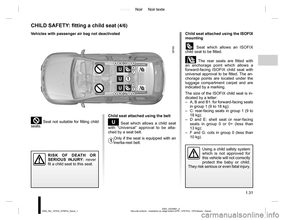 DACIA DUSTER 2016 1.G Owners Guide JauneNoir Noir texte
1.31
ENG_UD34961_5
Sécurité enfants : installation du siège enfant (H79 - H79 Ph2 - H79 Nissan - Dacia) ENG_NU_1079-6_H79Ph2_Dacia_1
CHILD SAFETY: fitting a child seat (4/6)
Ch DACIA DUSTER 2016 1.G Owners Guide JauneNoir Noir texte
1.31
ENG_UD34961_5
Sécurité enfants : installation du siège enfant (H79 - H79 Ph2 - H79 Nissan - Dacia) ENG_NU_1079-6_H79Ph2_Dacia_1
CHILD SAFETY: fitting a child seat (4/6)
Ch