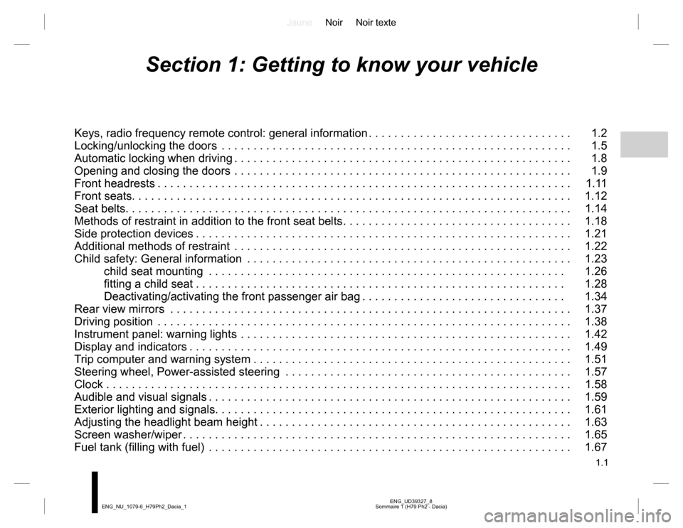 DACIA DUSTER 2016 1.G Owners Manual JauneNoir Noir texte
1.1
ENG_UD39327_8
Sommaire 1 (H79 Ph2 - Dacia) ENG_NU_1079-6_H79Ph2_Dacia_1
Section 1: Getting to know your vehicle
Keys, radio frequency remote control: general information . . . DACIA DUSTER 2016 1.G Owners Manual JauneNoir Noir texte
1.1
ENG_UD39327_8
Sommaire 1 (H79 Ph2 - Dacia) ENG_NU_1079-6_H79Ph2_Dacia_1
Section 1: Getting to know your vehicle
Keys, radio frequency remote control: general information . . .