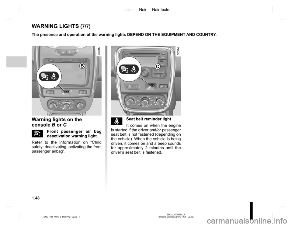 DACIA DUSTER 2016 1.G Owners Manual JauneNoir Noir texte
1.48
ENG_UD39234_5
Témoins lumineux (H79 Ph2 - Dacia) ENG_NU_1079-6_H79Ph2_Dacia_1
WARNING LIGHTS (7/7)
Warning lights on the 
console B or C
]Front passenger air bag 
deactivati
