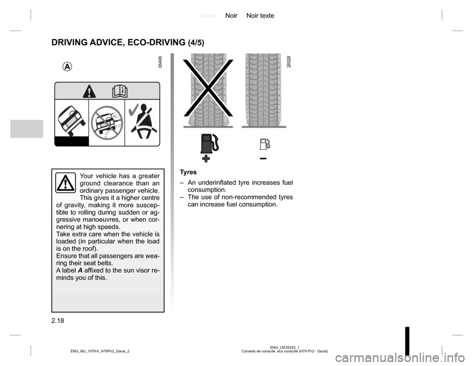 DACIA DUSTER 2016 1.G Owners Manual JauneNoir Noir texte
2.18
ENG_UD35353_1
Conseils de conduite, eco conduite (H79 Ph2 - Dacia) ENG_NU_1079-6_H79Ph2_Dacia_2
DRIVING ADVICE, ECO-DRIVING (4/5)
Your vehicle has a greater
ground clearance DACIA DUSTER 2016 1.G Owners Manual JauneNoir Noir texte
2.18
ENG_UD35353_1
Conseils de conduite, eco conduite (H79 Ph2 - Dacia) ENG_NU_1079-6_H79Ph2_Dacia_2
DRIVING ADVICE, ECO-DRIVING (4/5)
Your vehicle has a greater
ground clearance