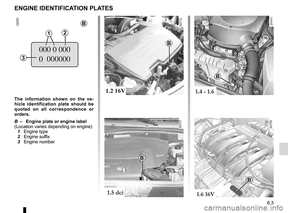 DACIA SANDERO STEPWAY 2016 2.G Owners Manual JauneNoirNoir texte
6.3
ENG_UD26578_7
Plaques identification (B90 - Dacia)
ENG_NU_817-10_B90_Dacia_6
ENGINE IDENTIFICATION PLATES
The  information  shown  on  the  ve-
hicle  identification  plate  sh