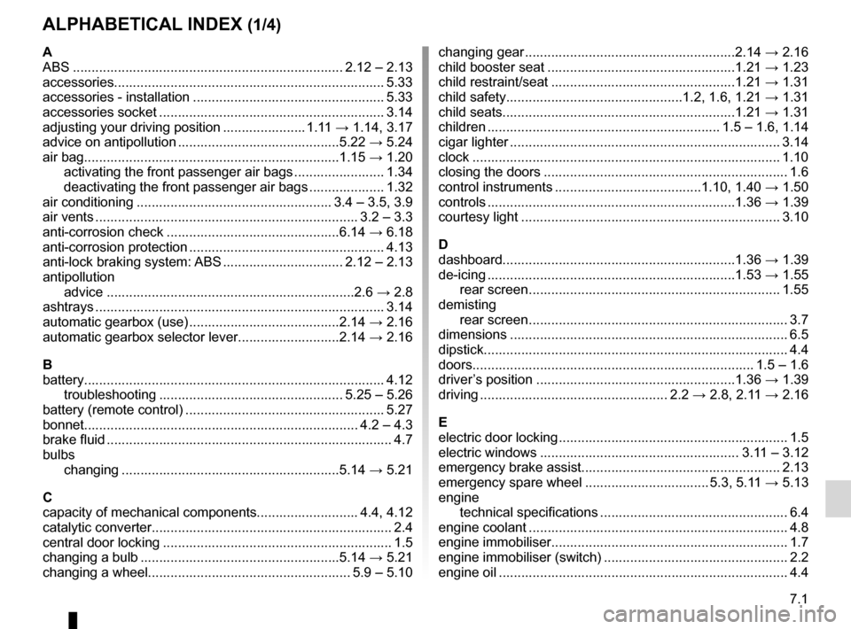 DACIA SANDERO STEPWAY 2016 2.G Owners Manual 7.1
FRA_UD26899_12
Index (B90 - Dacia)
ENG_NU_817-10_B90_Dacia_7
AlphAbeticAl index (1/4)
A
ABS
........................................................................\
2.12 – 2.13
accessorie DACIA SANDERO STEPWAY 2016 2.G Owners Manual 7.1
FRA_UD26899_12
Index (B90 - Dacia)
ENG_NU_817-10_B90_Dacia_7
AlphAbeticAl index (1/4)
A
ABS
........................................................................\
2.12 – 2.13
accessorie