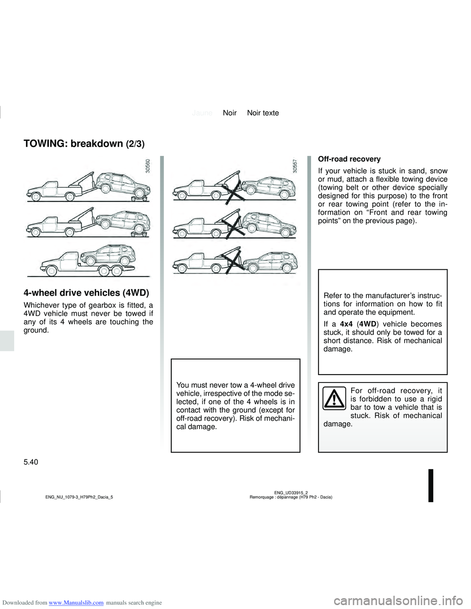 DACIA DUSTER 2021  Owners Manual Downloaded from www.Manualslib.com manuals search engine JauneNoir Noir texte
5.40
ENG_UD33915_2
Remorquage : dépannage (H79 Ph2 - Dacia)
ENG_NU_1079-3_H79Ph2_Dacia_5
TOWING: breakdown (2/3)
4-wheel 