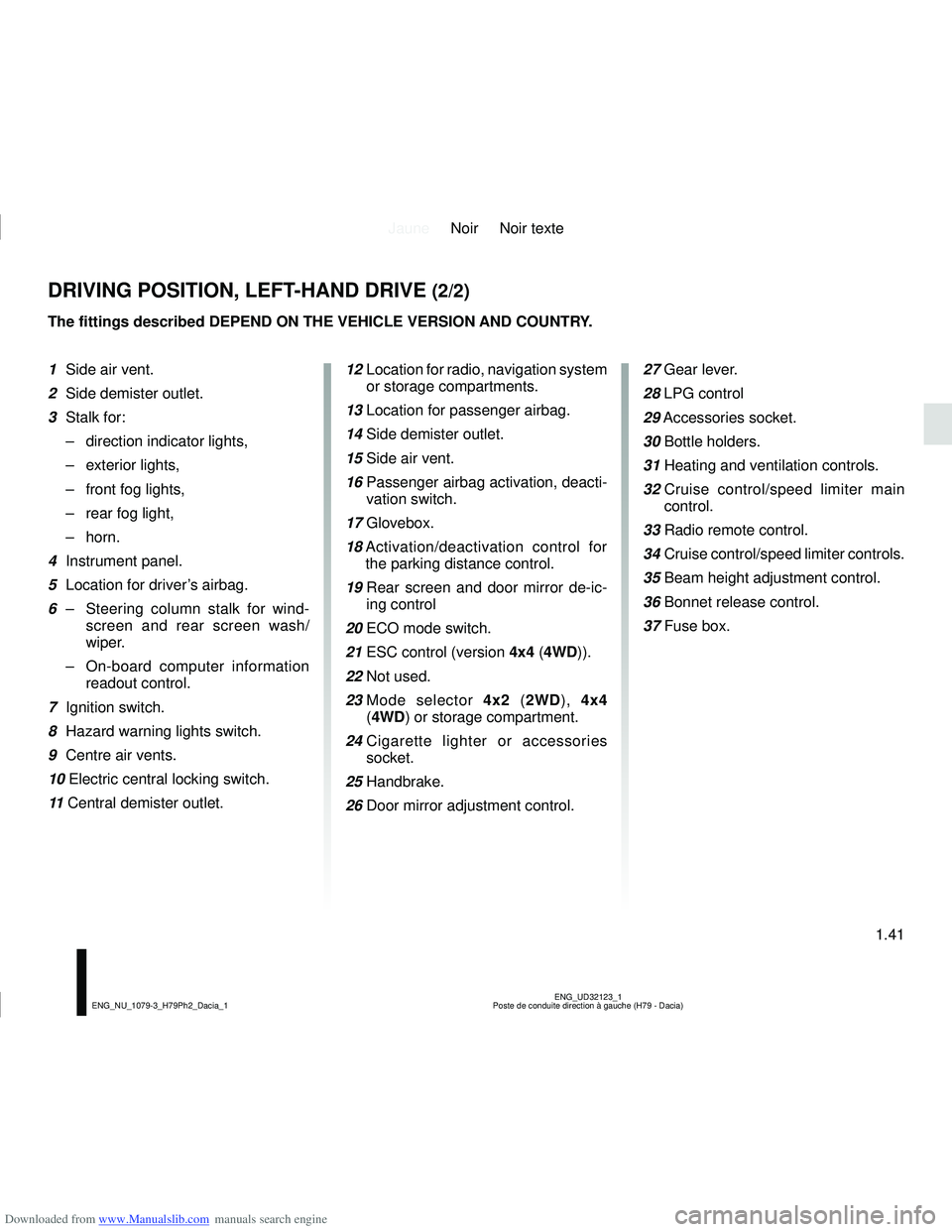 DACIA DUSTER 2011  Owners Manual Downloaded from www.Manualslib.com manuals search engine JauneNoir Noir texte
1.41
ENG_UD32123_1
Poste de conduite direction à gauche (H79 - Dacia)
ENG_NU_1079-3_H79Ph2_Dacia_1
DRIVING POSITION, LEFT