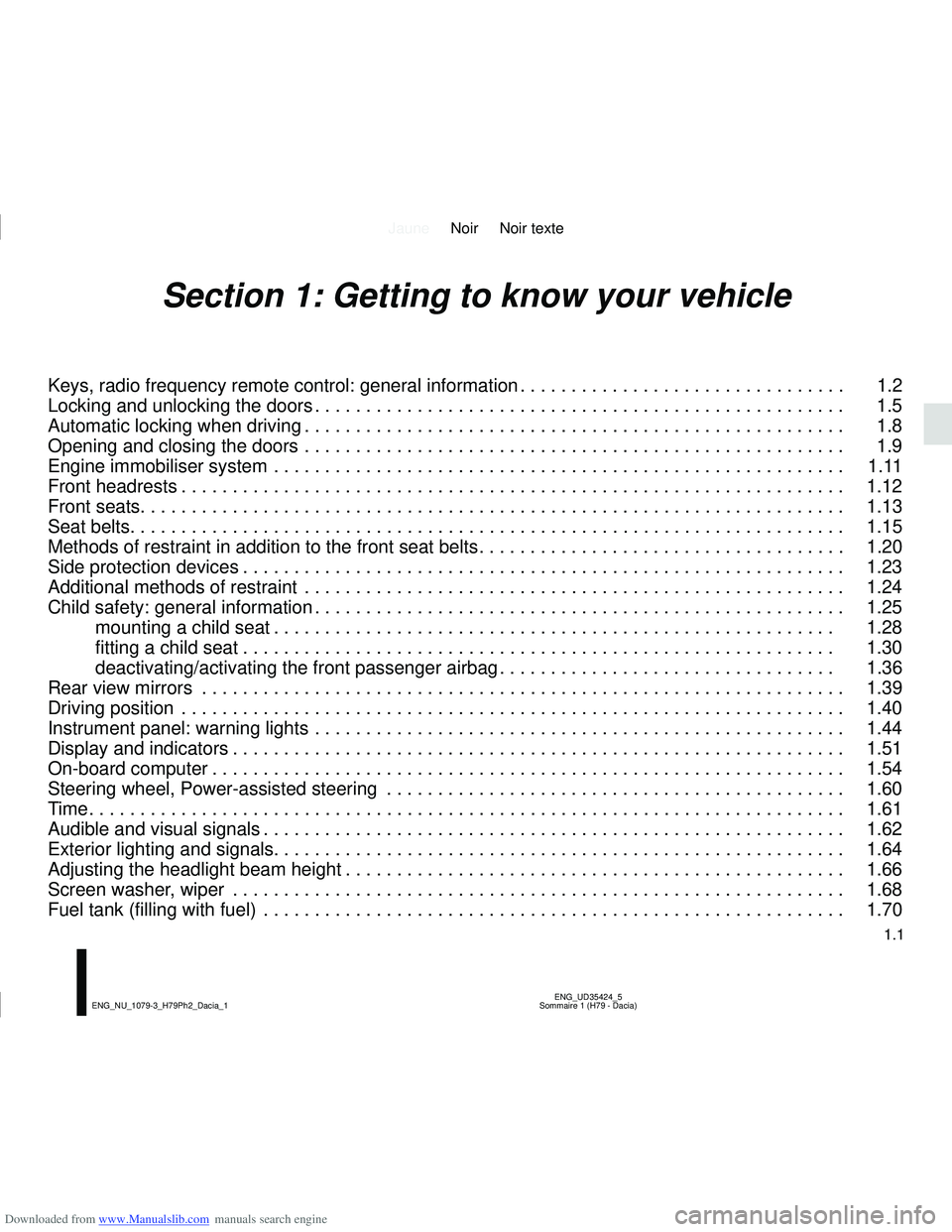DACIA DUSTER 2012  Owners Manual Downloaded from www.Manualslib.com manuals search engine JauneNoir Noir texte
1.1
ENG_UD35424_5
Sommaire 1 (H79 - Dacia)
ENG_NU_1079-3_H79Ph2_Dacia_1
Section 1: Getting to know your vehicle
Keys, radi