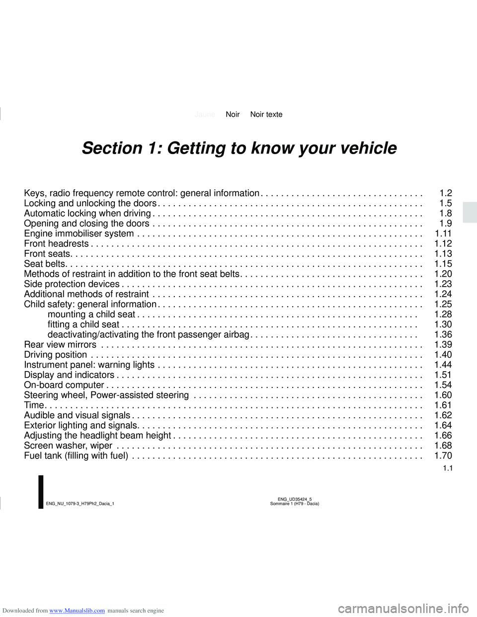 DACIA DUSTER 2014  Owners Manual Downloaded from www.Manualslib.com manuals search engine JauneNoir Noir texte
1.1
ENG_UD35424_5
Sommaire 1 (H79 - Dacia)
ENG_NU_1079-3_H79Ph2_Dacia_1
Section 1: Getting to know your vehicle
Keys, radi