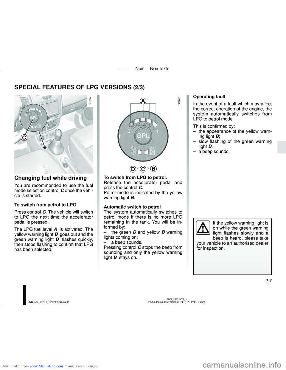 DACIA DUSTER 2012  Owners Manual Downloaded from www.Manualslib.com manuals search engine JauneNoir Noir texte
2.7
ENG_UD32473_1
Particularités des versions GPL  (H79 Ph2 - Dacia)
ENG_NU_1079-3_H79Ph2_Dacia_2
SPECIAL FEATURES OF LPG