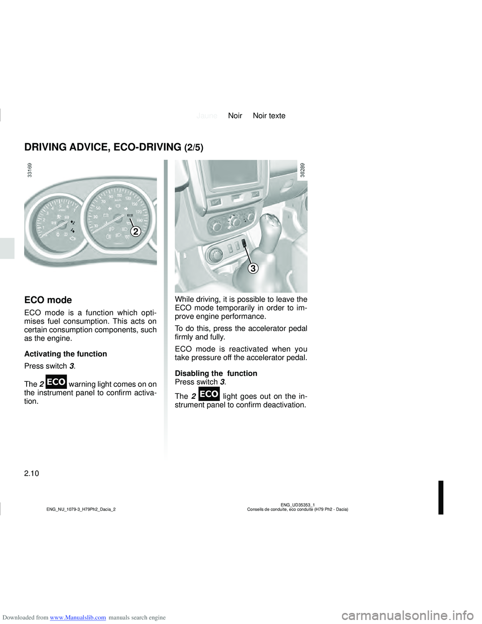 DACIA DUSTER 2016  Owners Manual Downloaded from www.Manualslib.com manuals search engine JauneNoir Noir texte
2.10
ENG_UD35353_1
Conseils de conduite, eco conduite (H79 Ph2 - Dacia)
ENG_NU_1079-3_H79Ph2_Dacia_2
DRIVING ADVICE, ECO-D