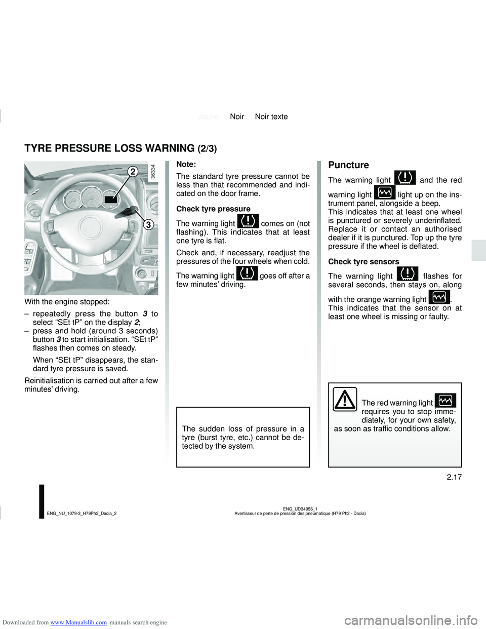 DACIA DUSTER 2019  Owners Manual Downloaded from www.Manualslib.com manuals search engine JauneNoir Noir texte
2.17
ENG_UD34956_1
Avertisseur de perte de pression des pneumatique (H79 Ph2 - Dacia)
ENG_NU_1079-3_H79Ph2_Dacia_2
TYRE PR
