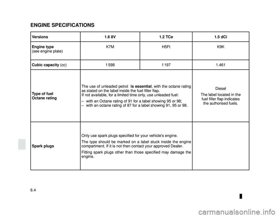 DACIA LODGY 2019  Owners Manual JauneNoir Noir texte
6.4
ENG_UD26641_2
Caractéristiques moteur (X92 - Renault)
ENG_NU_975-6_X92_Dacia_6
ENGINE SPECIFICATIONS
Versions 1.6 8V1.2 TCe 1.5 dCi
Engine type
(see engine plate) K7M
H5FtK9K