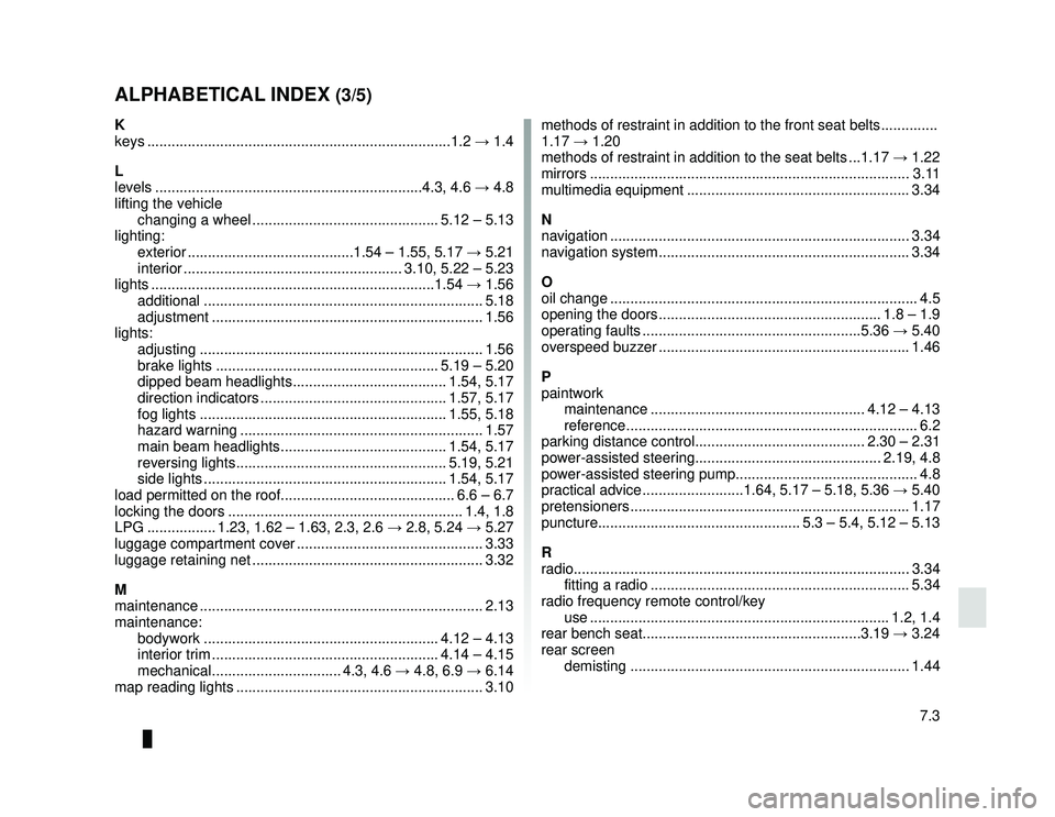 DACIA LODGY 2019  Owners Manual JauneNoir Noir texte
7.3
FRA_UD34805_6
Index (X92 - Renault)
ENG_NU_975-6_X92_Dacia_7
ALPHABETICAL INDEX (3/5)
K
keys ...................................................................\
........1.2  