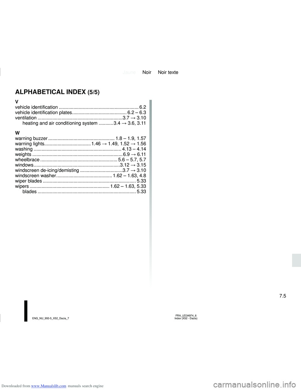 DACIA SANDERO 2021  Owners Manual Downloaded from www.Manualslib.com manuals search engine JauneNoir Noir texte
7.5
FRA_UD34974_6
Index (X52 - Dacia)
ENG_NU_993-5_X52_Dacia_7
ALPHABETICAL INDEX (5/5)
V
vehicle  identification ........