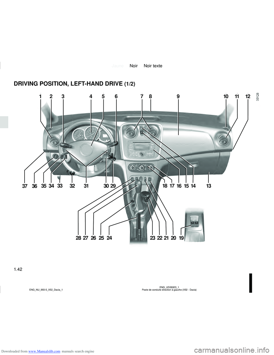 DACIA SANDERO 2021 Service Manual Downloaded from www.Manualslib.com manuals search engine JauneNoir Noir texte
1.42
ENG_UD26923_1
Poste de conduite direction à gauche (X52 - Dacia)
ENG_NU_993-5_X52_Dacia_1
DRIVING POSITION, LEFT-HAN