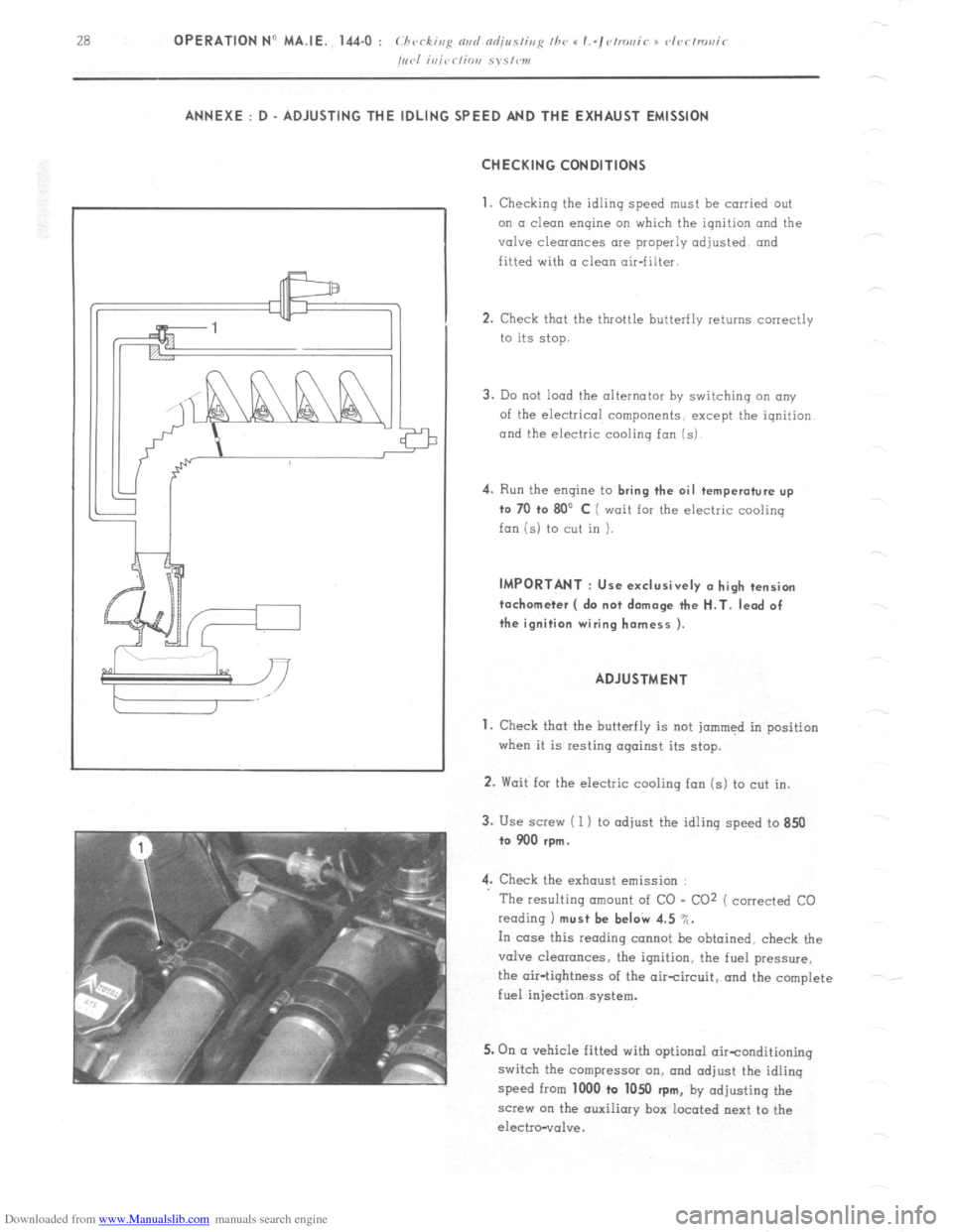 Citroen CX 1974 1.G Workshop Manual Downloaded from www.Manualslib.com manuals search engine 28 OPERATION N” MA.IE. 144-O : Ch <,c ,ng n,,d nlfjusfiup Ihe u I.-~<~tro,,ir i) <~lrr/mr,ir  k’ 
/,,,.I i,,jrr/io,, S~S,W1, ANNEXE : D - A