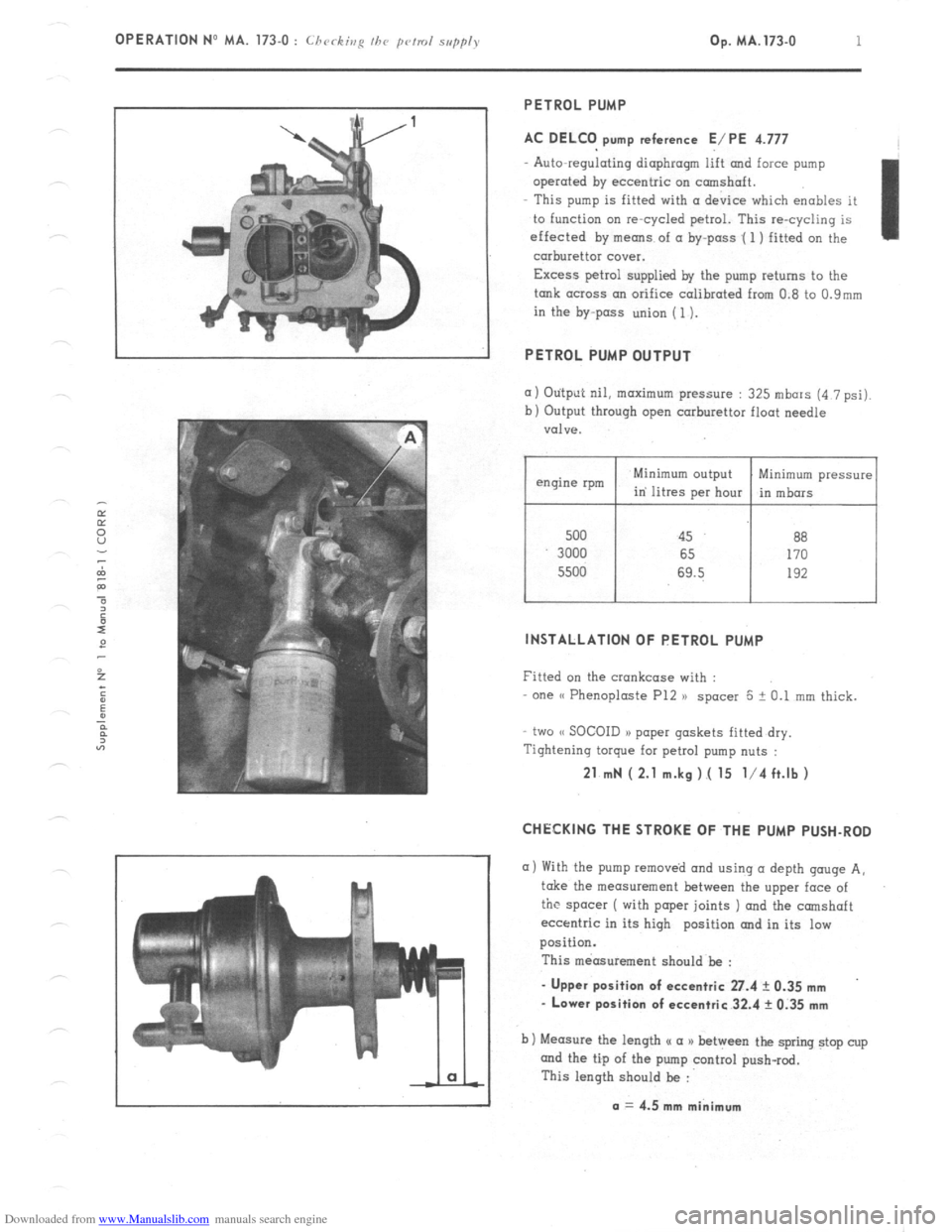 Citroen CX 1975 1.G Workshop Manual Downloaded from www.Manualslib.com manuals search engine OPERATION No MA. 173-O : Chrrkivp fhr prmd s,,pp/> Op. MA. 173.0 1 
PETROL PUMP 
AC DELCO pump reference E/PE 4.777 
Auto-regulating diaphragm 