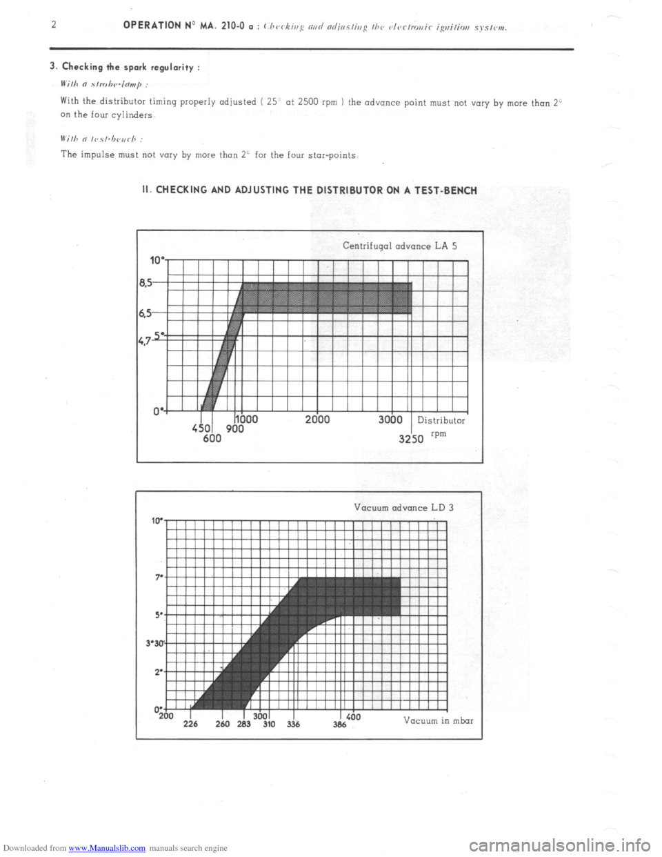Citroen CX 1981 1.G Workshop Manual Downloaded from www.Manualslib.com manuals search engine With the distributor timing properly adjusted ( 25’ at 2500 rpm ) the advance point must not vary by more than 2”
on the four cylinders.
Citroen CX 1981 1.G Workshop Manual Downloaded from www.Manualslib.com manuals search engine With the distributor timing properly adjusted ( 25’ at 2500 rpm ) the advance point must not vary by more than 2”
on the four cylinders.