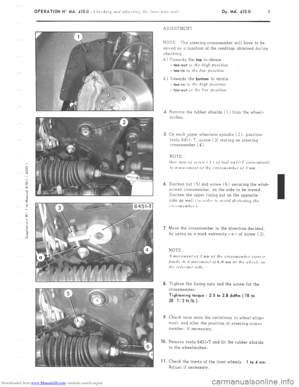 Citroen CX 1980 1.G Workshop Manual Downloaded from www.Manualslib.com manuals search engine OPERATION No MA. 4104 : (./ , k’  1<c a,,g I,<  n / nd;i,,s/i,,g I/><, jr.or,/ ovl<, ,,i,it Op. MA’. 410-O 9 
ADJUSTMENT 
NOTE The steering
