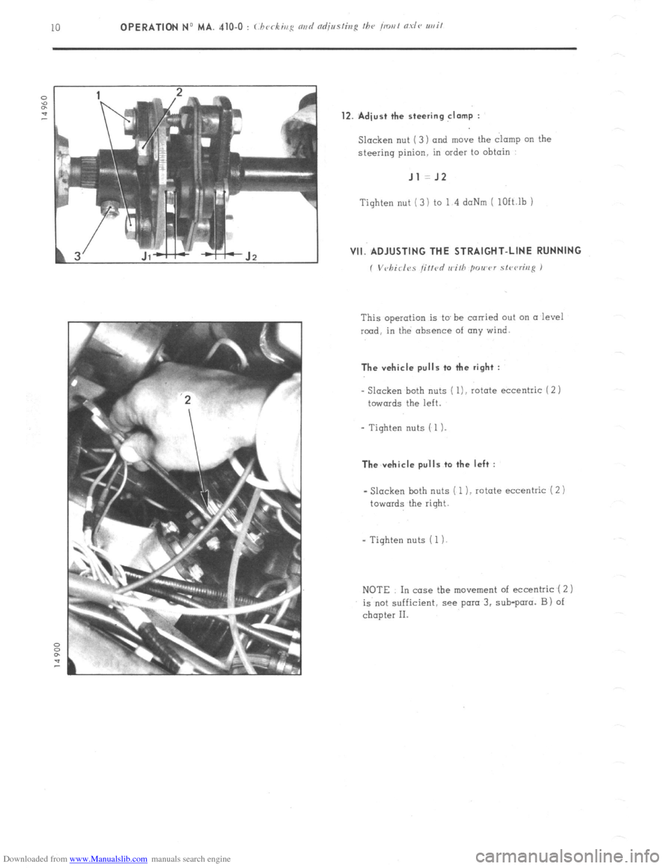 Citroen CX 1981 1.G Owners Guide Downloaded from www.Manualslib.com manuals search engine 12. Adiust the steering clamp : 
Slacken nut ( 3 ) and move the clamp on the 
steering pinion. in order to obtain Jl =J2 
Tighten nut (3) to 1 