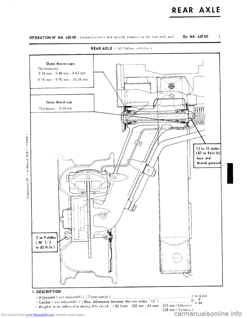 Citroen CX 1985 1.G Workshop Manual Downloaded from www.Manualslib.com manuals search engine REAR AXLE 
OPERATION No MA. &!O-OO : (.;haracteristics mtd special l~alur~s 01 rho war O.Y/C wit Op. MA. 420-00 1 
I Outer thrust cups 
Thickne
